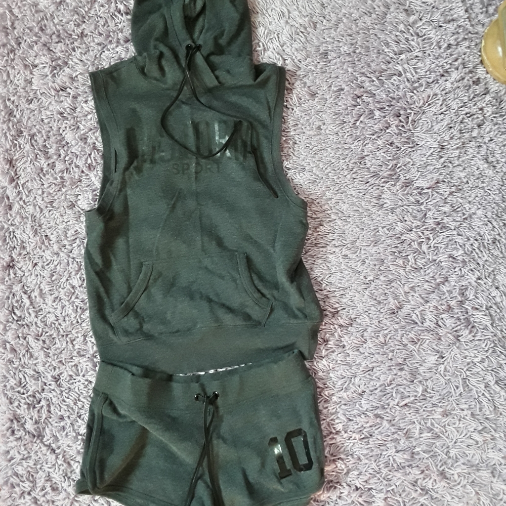 Victoria's Secret Gray Sleeveless Hoodie and Shorts Set